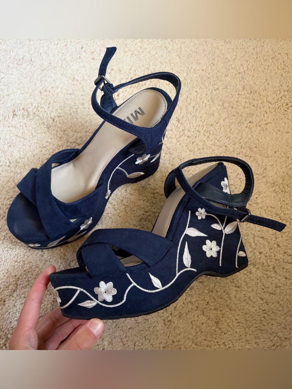 Navy Floral Embroidered Wedge Sandals
